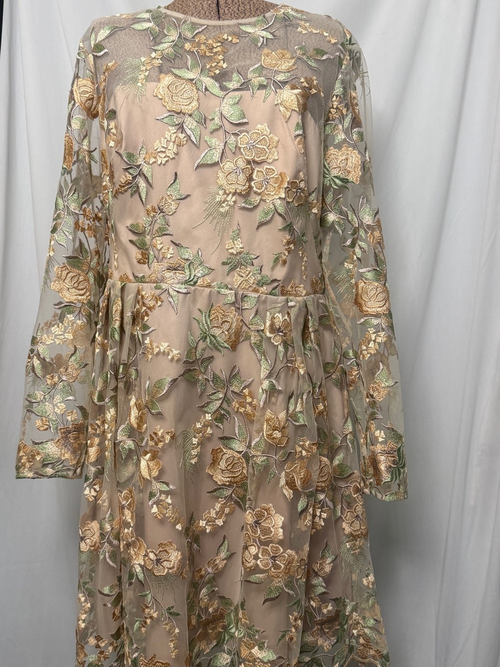 ML Monique Lhuillier Beige and Gold Floral Embroidered Long-Sleeve Dress